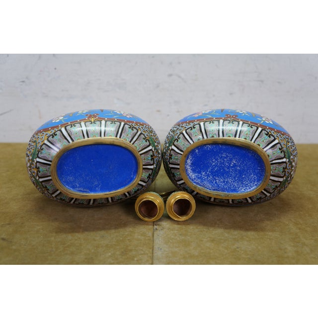 Antique Chinese Champleve Cloisonne Double Gourd Turquoise Mantel Vases Urns 12" For Sale - Image 14 of 17