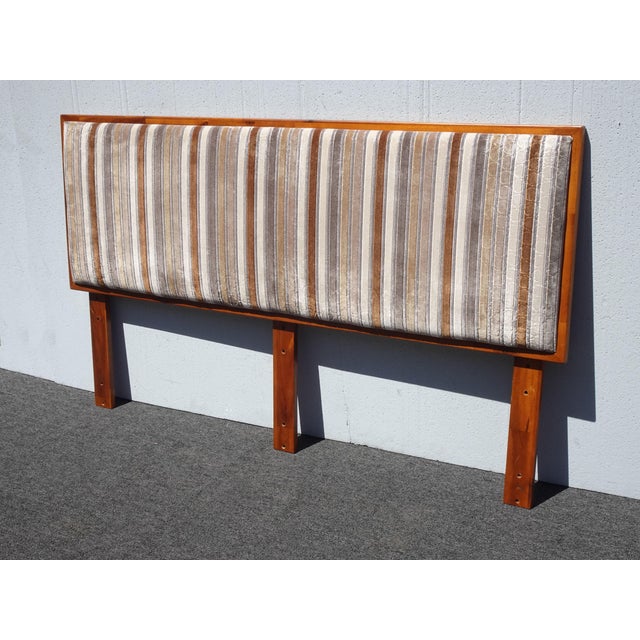 Vintage Mid Century Modern Style Brown Velvet Stripped Queen Headboard For Sale - Image 4 of 15