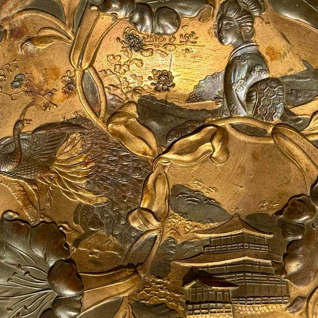 Antique Japanese Meiji Period Mixed-Metal Floral Relief Wall Plaque W/ Geisha & Crane For Sale - Image 4 of 9