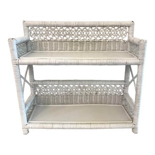 Vintage White Wicker 2-Tier Shelf For Sale