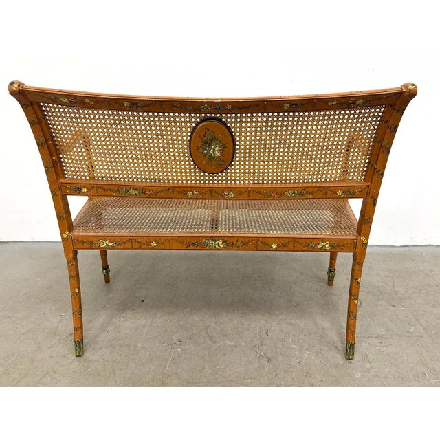 Late 20th Century Elegant Sheraton Style Painted Floral Cane Settee With Neoclassical Detailing For Sale In Philadelphia - Image 6 of 14