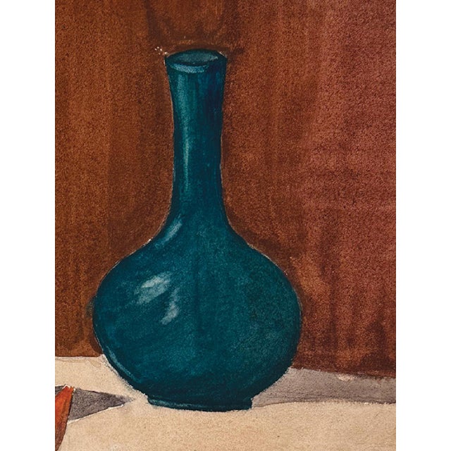 French Early 1900's Antique French Still Life Gouache Painting on Paper of Fruit and Turquoise Vase, With Mat For Sale - Image 3 of 3