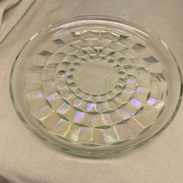 Mid-Century Modern Vintage Federal Glass Moonglow Iridescent Plates Stack - Clear Rainbow Opalescent Whitehall Prism - Set of 15 For Sale - Image 3 of 4