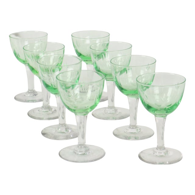 Vintage Uranium Glass Aperitif Glasses from Val Saint Lambert, 1920s, Set of 8 For Sale