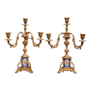Pair of 19th Century French Louis XVI Gilt Bronze and Porcelain Candelabras For Sale