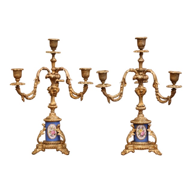 Pair of 19th Century French Louis XVI Gilt Bronze and Porcelain Candelabras For Sale