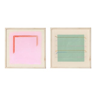 Pair of Sage Green and Bright Magenta Pink Abstract Art Prints | Set of 2, 24 X 24 Prints in Wood Frames For Sale