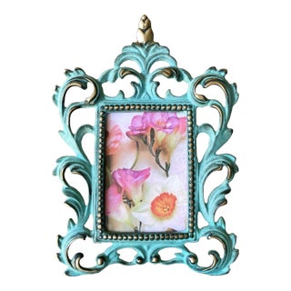 Circa 1980 Baroque-Style Verdigris & Gilt Acanthus Leaf Cast Iron Easel Back Picture Frame For Sale