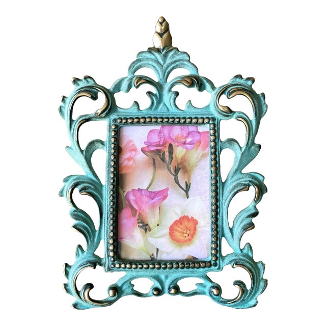 Circa 1980 Baroque-Style Verdigris & Gilt Acanthus Leaf Cast Iron Easel Back Picture Frame For Sale
