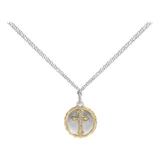 14K Yellow Gold Plated Sterling Silver 1/10 Cttw Diamond Cross Medallion Pendant Necklace For Sale