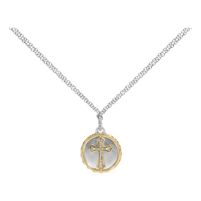 14K Yellow Gold Plated Sterling Silver 1/10 Cttw Diamond Cross Medallion Pendant Necklace For Sale