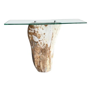 Andrianna Shamaris Petrified Wood Base and Glass Top Console Table For Sale