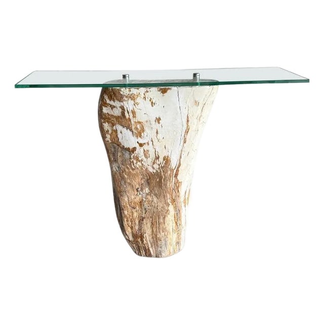 Andrianna Shamaris Petrified Wood Base and Glass Top Console Table For Sale