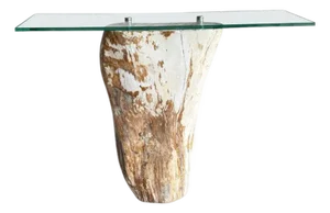 Andrianna Shamaris Petrified Wood Base and Glass Top Console Table