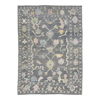 Contemporary Gray Wool Rug Turkish Oushak With Floral Design For Sale