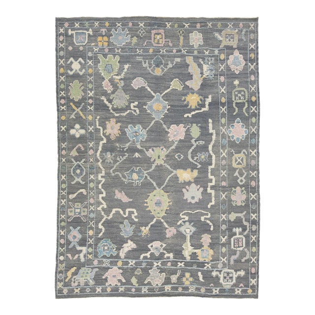 Contemporary Gray Wool Rug Turkish Oushak With Floral Design For Sale