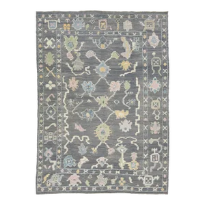 Contemporary Gray Wool Rug Turkish Oushak With Floral Design