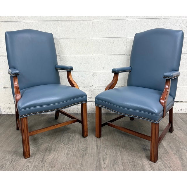 Vintage Chippendale Style Blue Leather and Nailhead Executive Armchairs - Pair For Sale - Image 4 of 11
