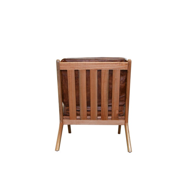 Mid-Century Modern New Bentwood Armchair With Wood Seat and Back and Brown Skin Cushions For Sale - Image 3 of 7