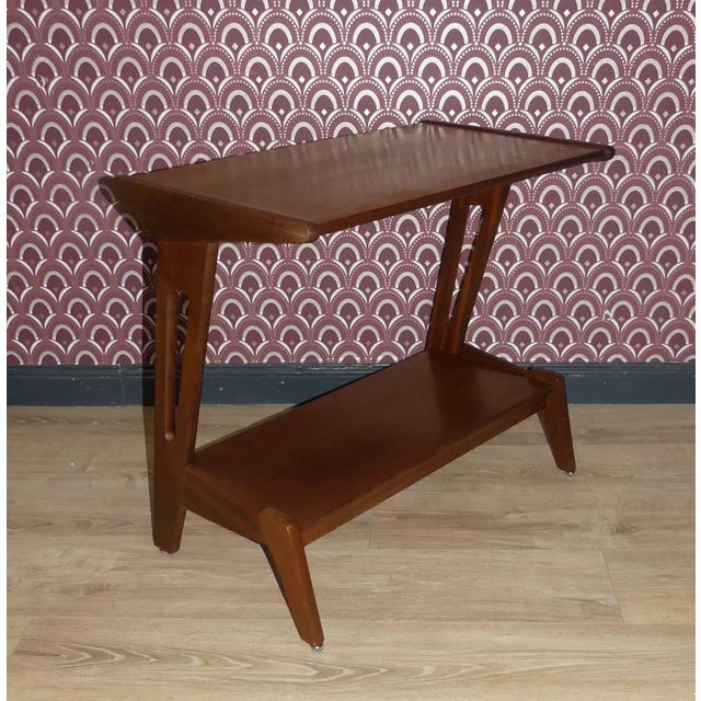 Small, stable side table "ZigZag table" by Louis Van Teeffelen for Webe 60s Stable, elegant wooden frame, teak wood,...