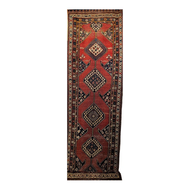 Antique Persian Kurdish Bidjar Runner, Handwoven Geometric Pattern, Terracotta & Navy, 3’ X 13’ For Sale