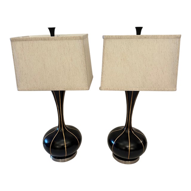 Mid Century Modern Black and Gold Table Lamps -A Pair For Sale