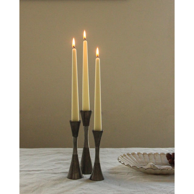 Brutalist Diabolo Candlesticks in Patinated and Brushed Steel, 1970s, Set of 3 For Sale - Image 3 of 11