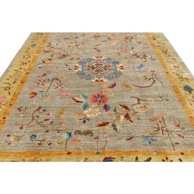Textile Hand-Knotted Modern Chinese Botanical Wool Area Rug - Slate Grey & Marigold For Sale - Image 7 of 11