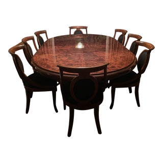 1990s Walnut and Burl Wood Dining Table with 6 Side Chairs and 2 Arm Chairs For Sale
