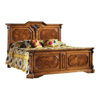Italian Walnut Burl King Bed With Hand-Carved Details For Sale