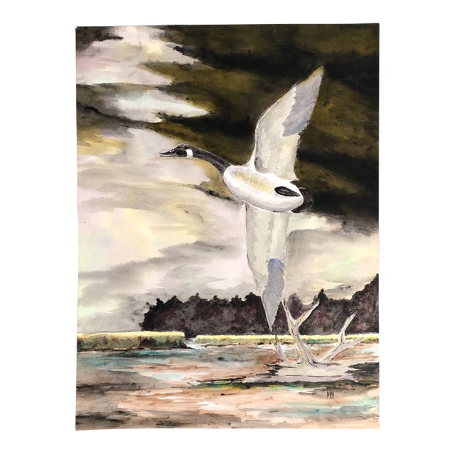 Original Vintage Watercolor Painting Flying Goose 1980’s For Sale