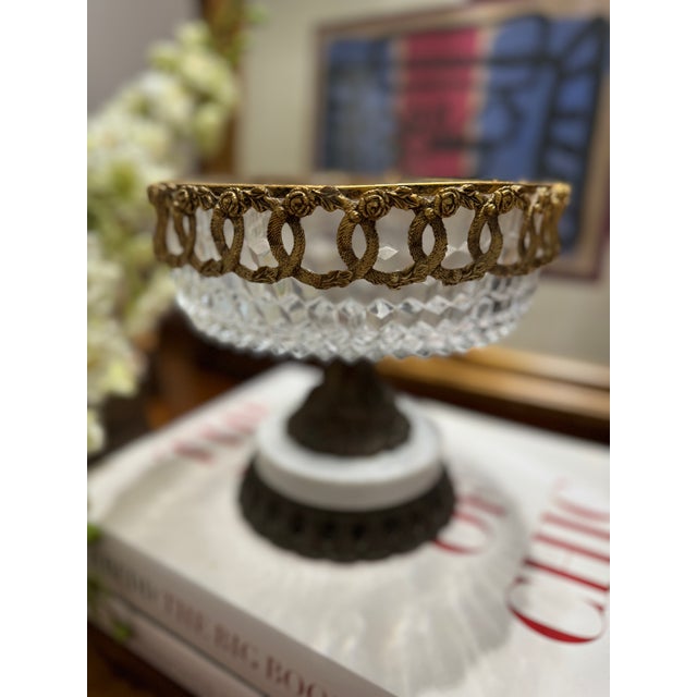 Vintage Italian Centerpiece, Fruit Bowl, Compote With Cut Glass, Marble and Gilt Metal Base For Sale - Image 4 of 9