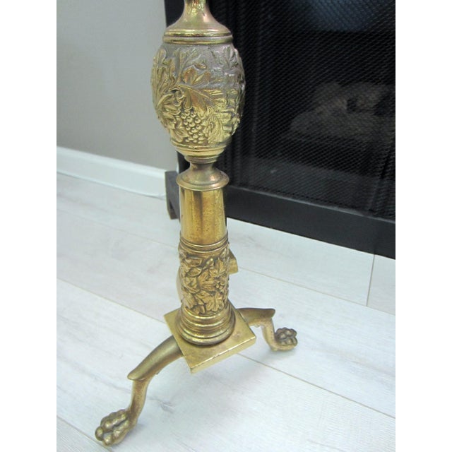 Late 19th Century Late 18th Century Pair of French Claw Foot Fleur D Elise Finial Brass Andirons For Sale - Image 5 of 7
