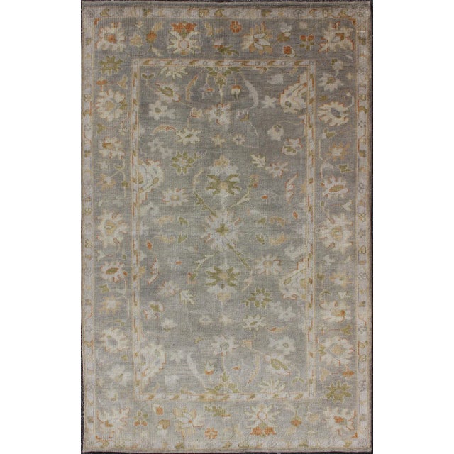 Gray Oushak Rug With Floral Design in Gray Background, Chartreus Green, Cream, Red For Sale - Image 8 of 8