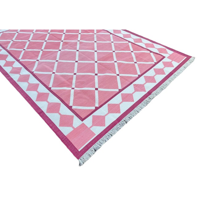 Handmade Cotton Natural Vegetable Dyed Reversible Pink and White Checked Tile Rug - 8'x10' For Sale - Image 6 of 11