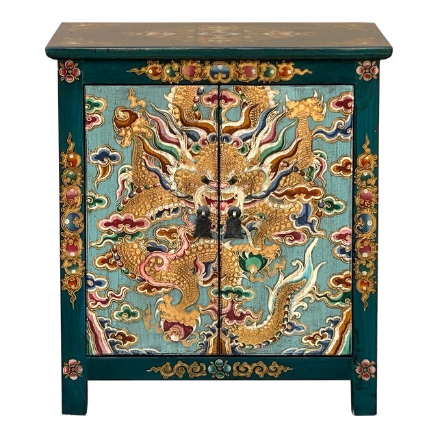 Tibetan Oriental Teal Blue Aqua Dragon Head Graphic End Table Nightstand For Sale