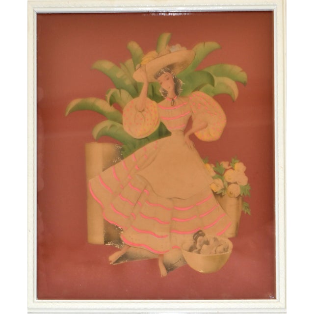 Wood Bernard Watercolor Columbian Woman Carries Fruit Basket Folk Art Ornated Frame For Sale - Image 7 of 13