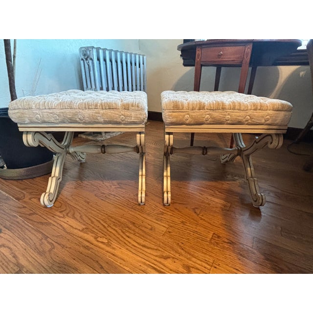 Rare pair. Karges benches. Button-tufted. X-frame. One of the most versatile pieces of furniture you can have in your home...