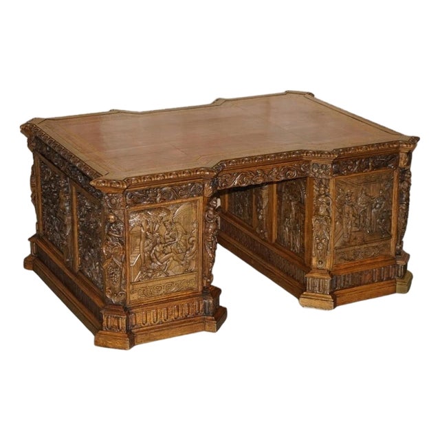 Exhibition Quality 19th Century Walnut Partner Desk With 17th Century Hand-Carved Religious Panels For Sale