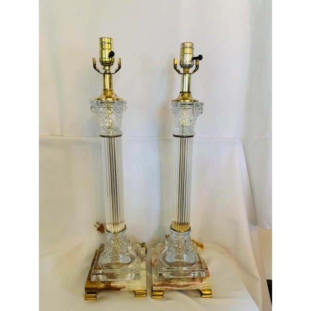 Mid 20th Century Corinthian Column-Style Marble, Glass & Brass Table Lamps - a Pair For Sale - Image 13 of 13