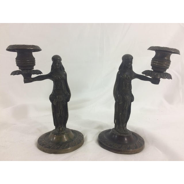 Metal Egyptian Revival Bronze Candlesticks - A Pair For Sale - Image 7 of 7