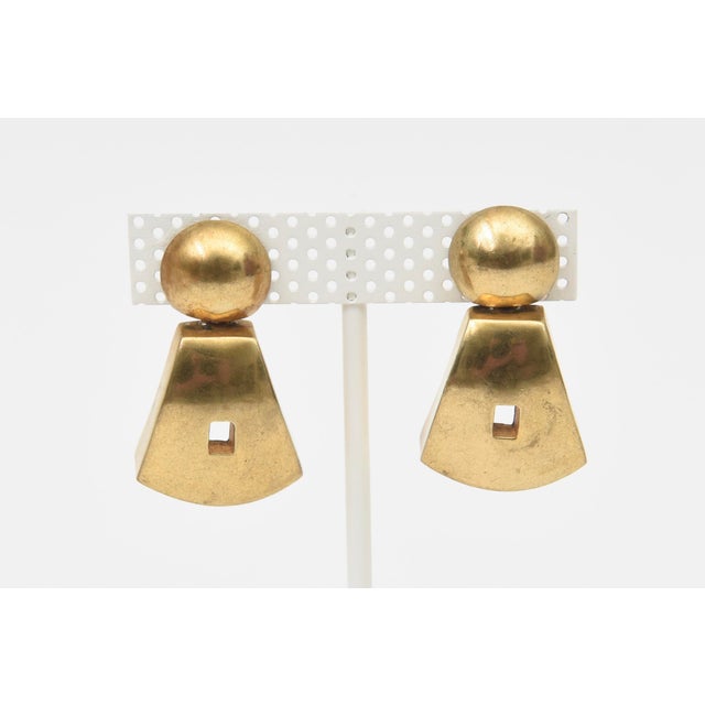 Modern Vintage Steven Vaubel Gold Plated Sculptural Pierced Dangle Earrings, 1980's For Sale - Image 3 of 10