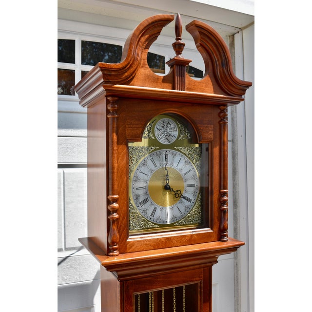Howard Miller Cherry Grandfather Clock Mechanical Triple Weight Pendulum For Sale - Image 9 of 18
