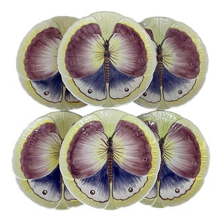Vintage Italian Majolica Hand Painted Butterfly Salad Plates -Set of 6 For Sale
