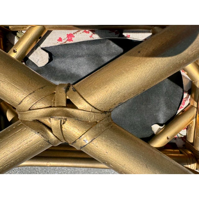 Wood Pair of Vintage Painted Gold Bamboo Stools in Regal Fabrics “Zen Toile” Upholstery For Sale - Image 7 of 11
