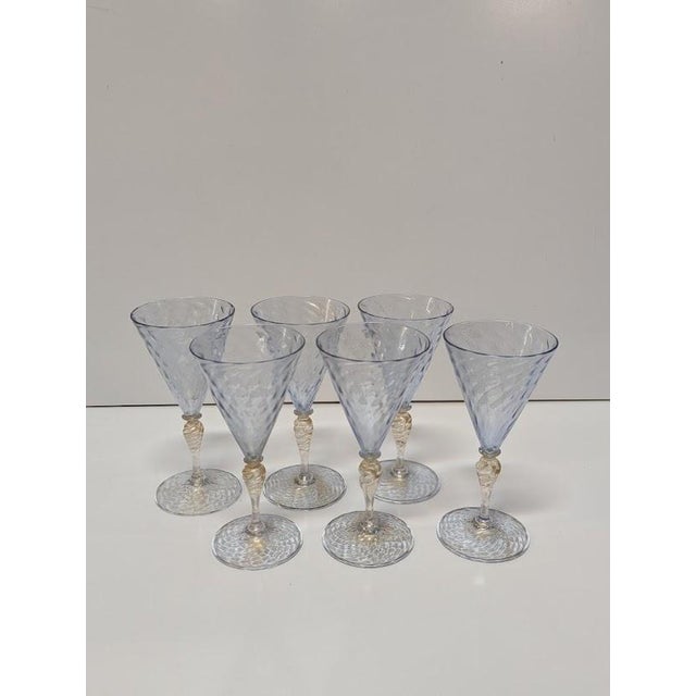 Mid-Century Modern 1960s Venetian Murano Ice Blue & Gold Aventurine Hand-Blown Wine Goblets - Set of 6 For Sale - Image 3 of 4