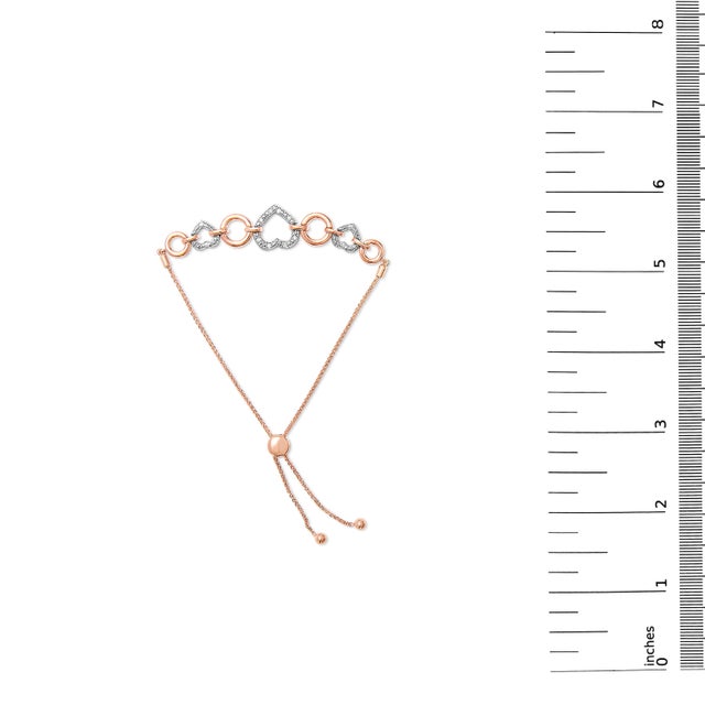 14K Rose Gold Plated .925 Sterling Silver Diamond Accent Circle and Heart Link Adjustable 6”-10” Bolo Bracelet (I-J Color, I3 Clarity) For Sale In New York - Image 6 of 6