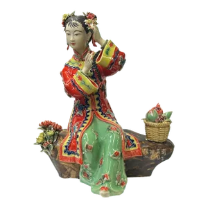 Chinese Porcelain Qing Style Dressing Flower Sitting Basket Lady Figure