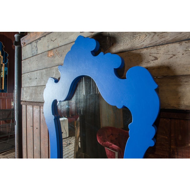 Pair Chinoiserie or Moroccan Blue Painted Wood Framed Mirrors, 1980s For Sale - Image 9 of 12