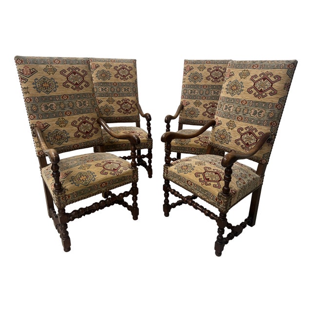 Louis XIII Style Armchairs with High Backs, 1900s, Set of 4 For Sale